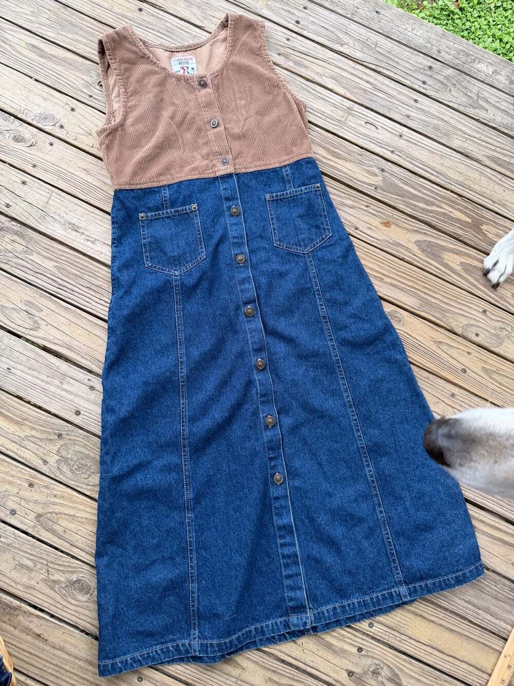 Vintage Studio Wear Petite Sleeveless Corduroy and Denim Button-Front Midi Dress